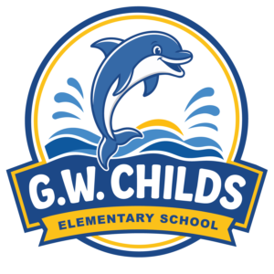 G.W. Childs Elementary School logo featuring a blue dolphin jumping over waves in blue, white and gold.